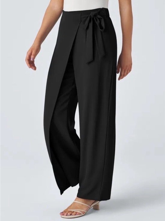 HALARA Pants - HALARA Black Wrap-Front Wide Leg Pants with Tie